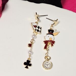 Queen of Hearts Poker Asymmetrical Earrings White Rabbit Alice Theme Jewelry
